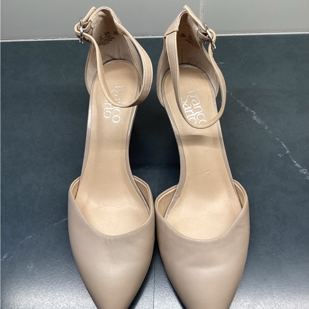 Franco Sarto “Fayth” Nude Leather Pointed-Toe Ankle Strap Wedge Sandal